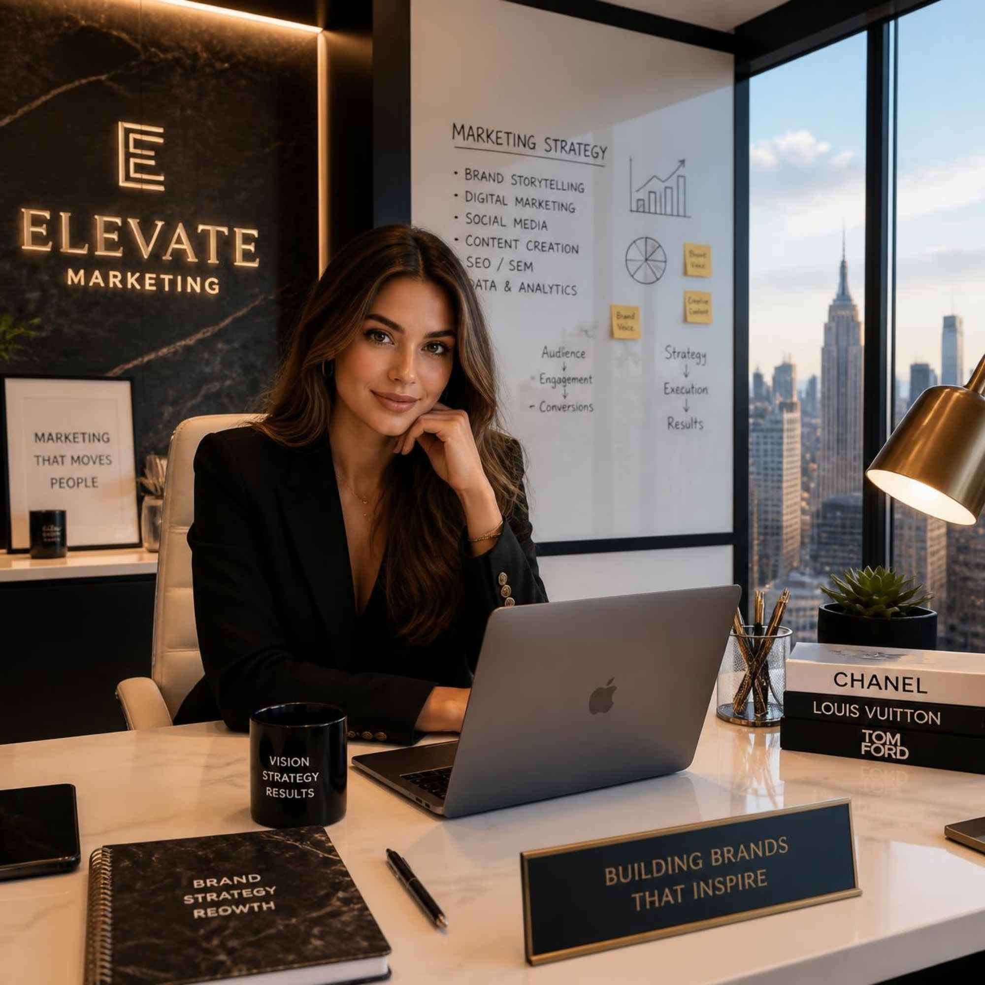 Marketing agency strategist working at a desk in a city office