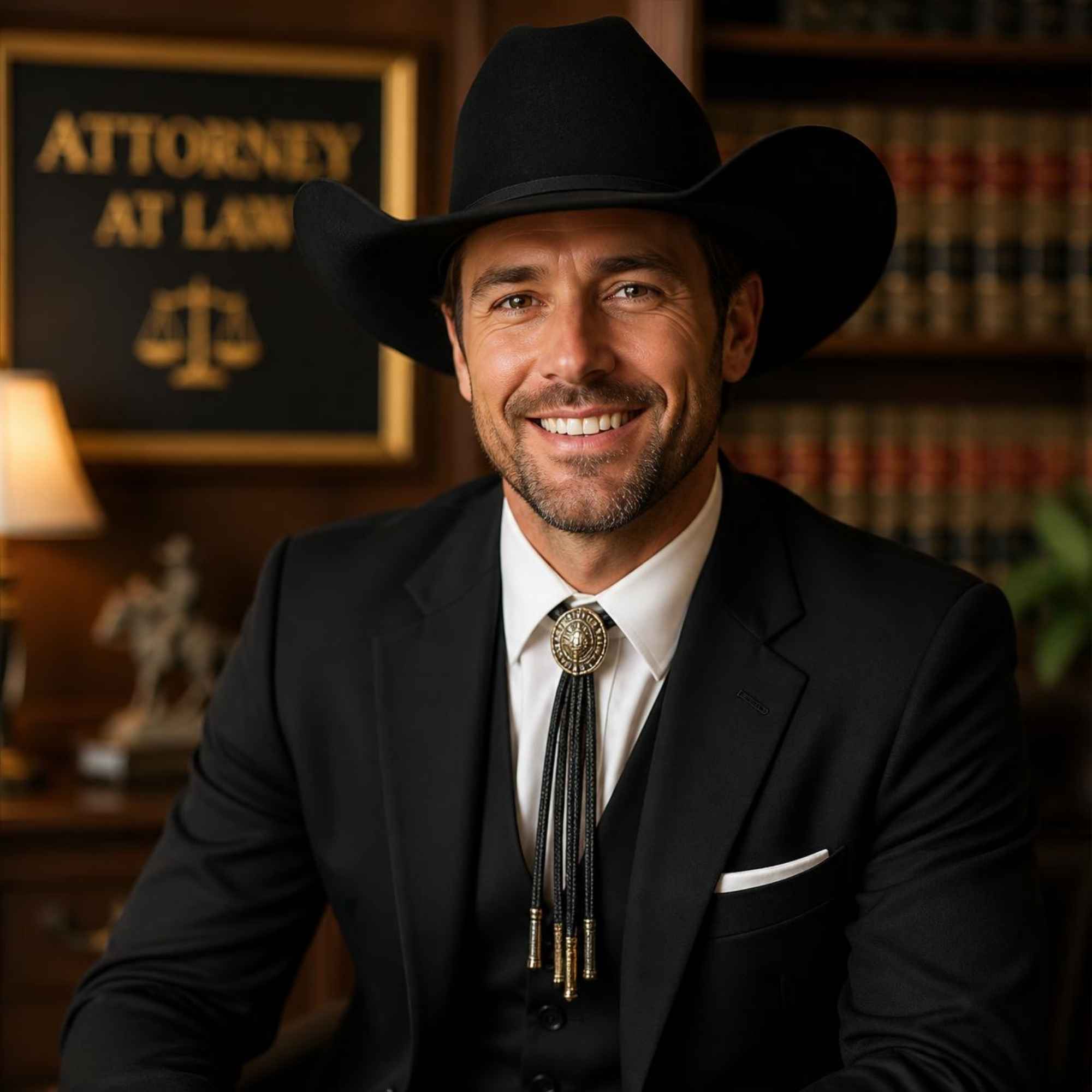 Attorney seated in a law office lined with legal volumes