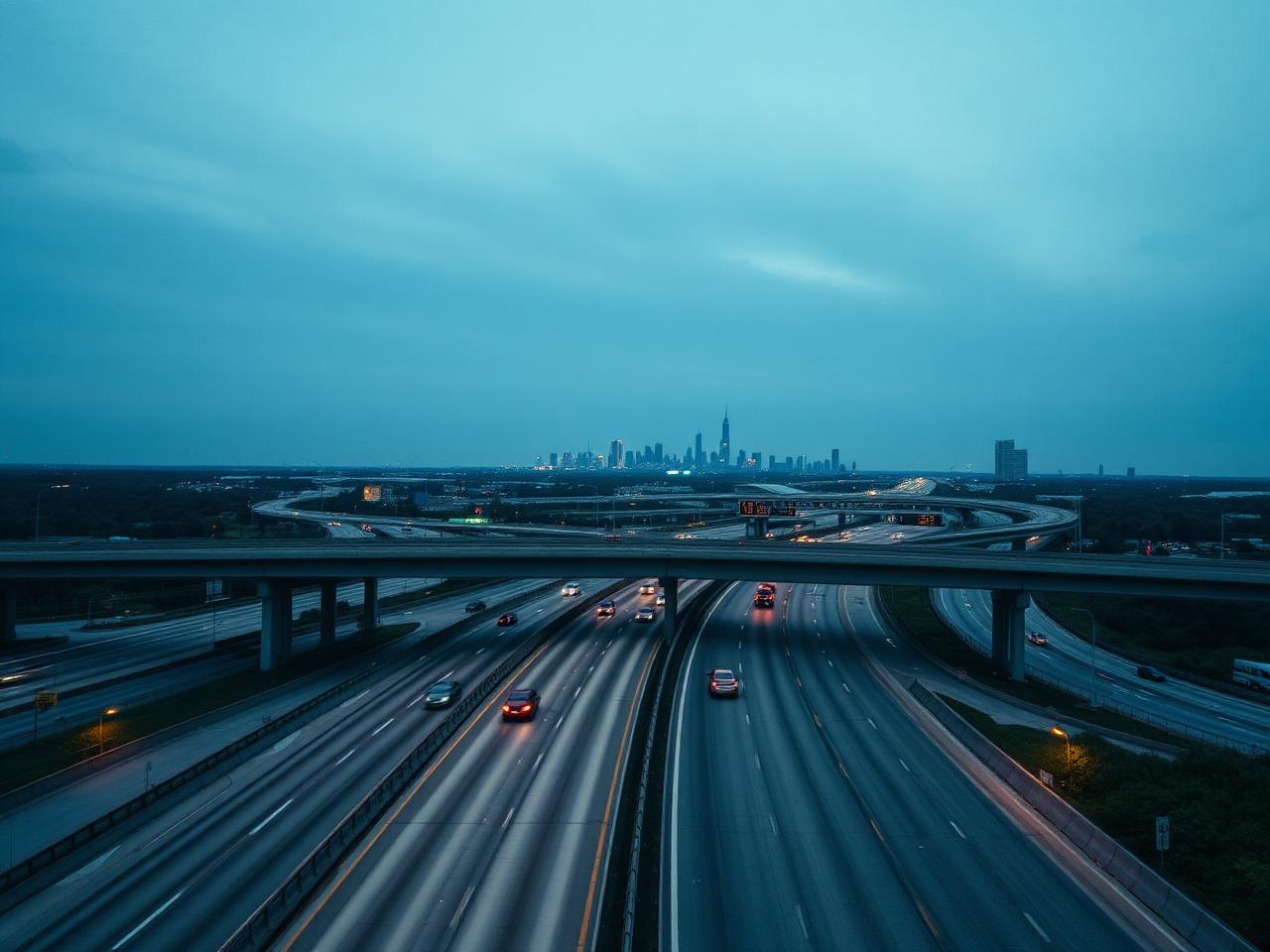 Multi-lane Texas highway interchange at dusk with a distant city skyline